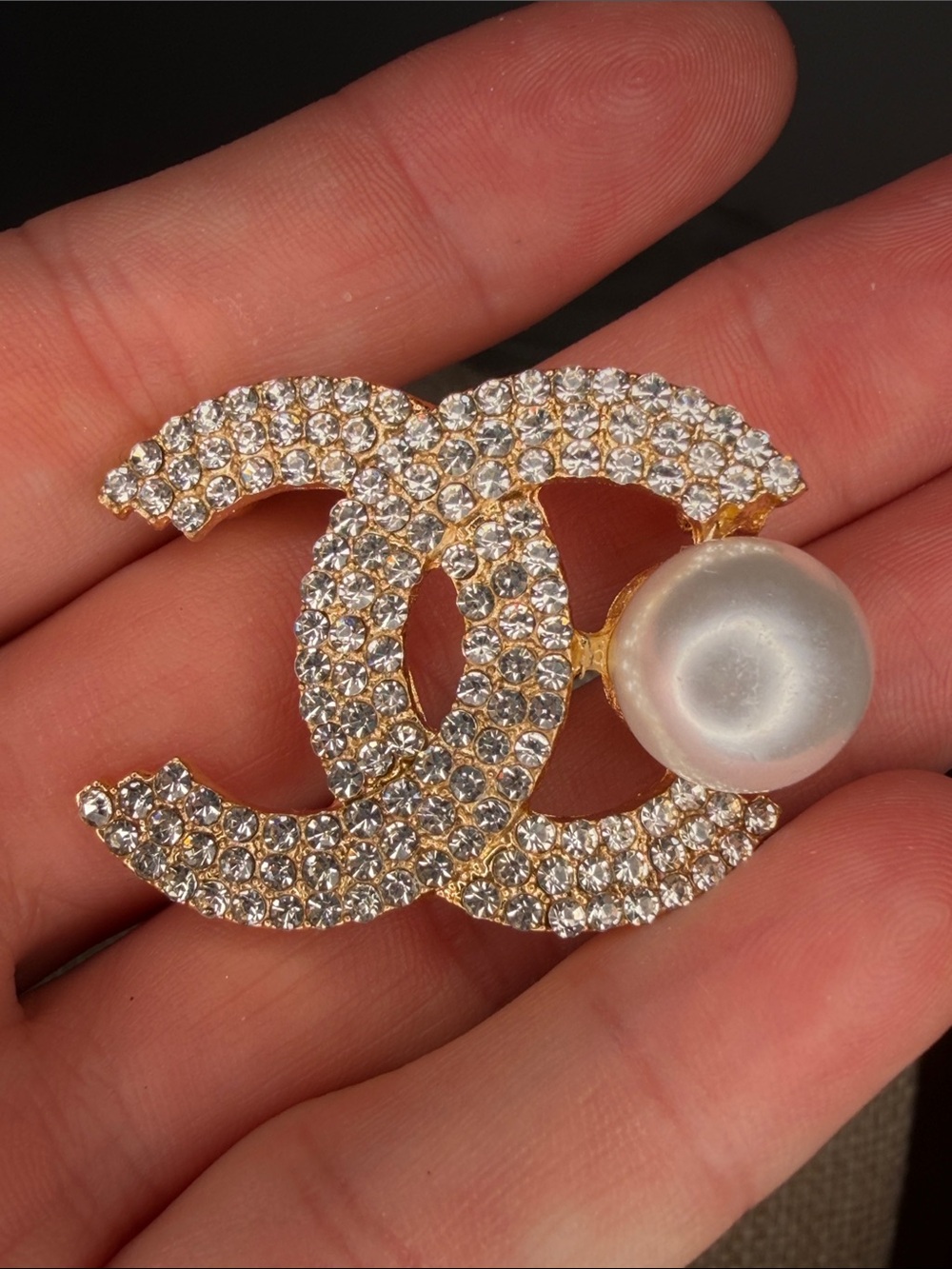 Crystal CC Logo Brooch with Pearl Accent - Gold & White